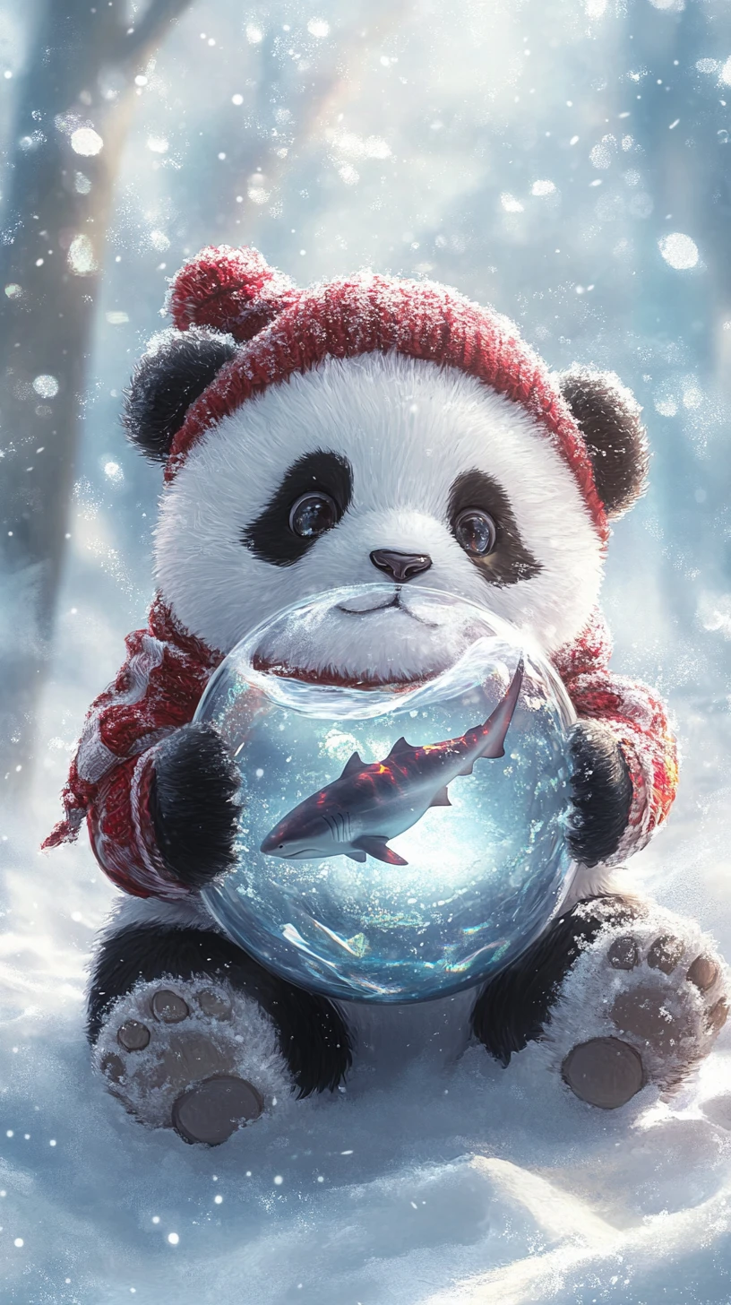 Urso panda de pelúcia fofinho com globo de neve mágico em tempestade de inverno