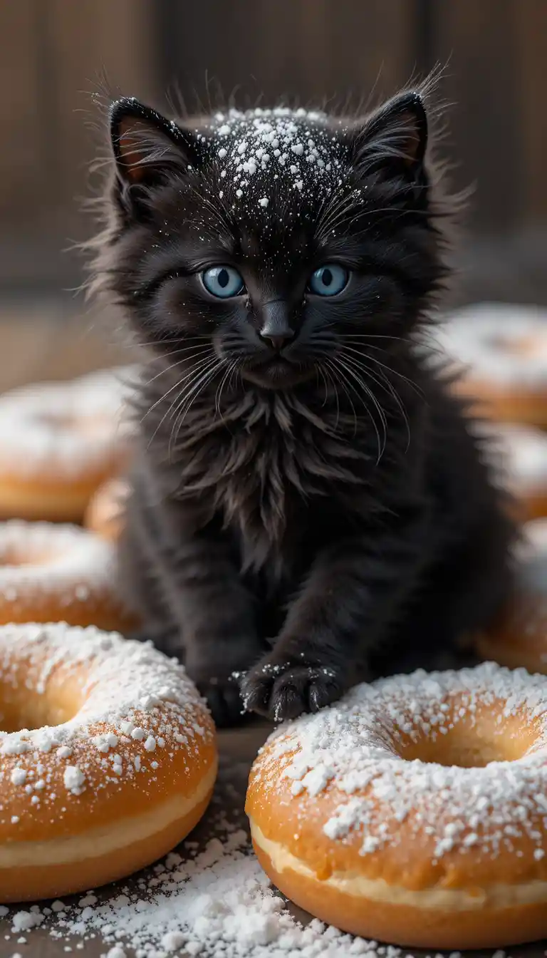 Dolce gattino nero seduto su ciambelle allo zucchero a velo