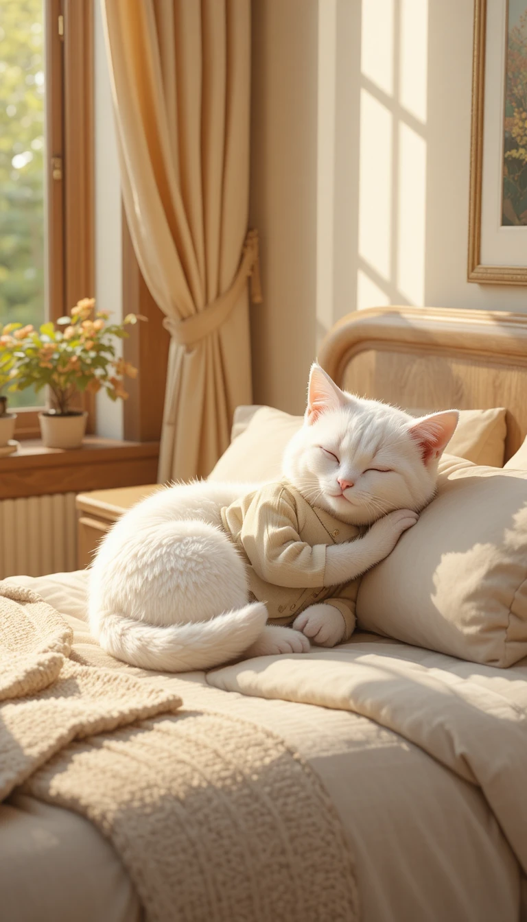White 3D cat sleeping on a cozy sunlit bedroom bed