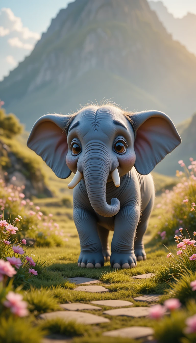 Sad elephant on a grassy hill in soft morning light