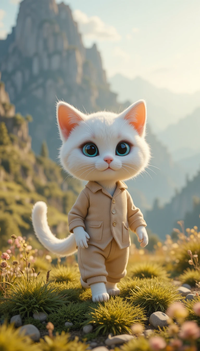 Gato branco de roupa bege em uma colina gramada ensolarada