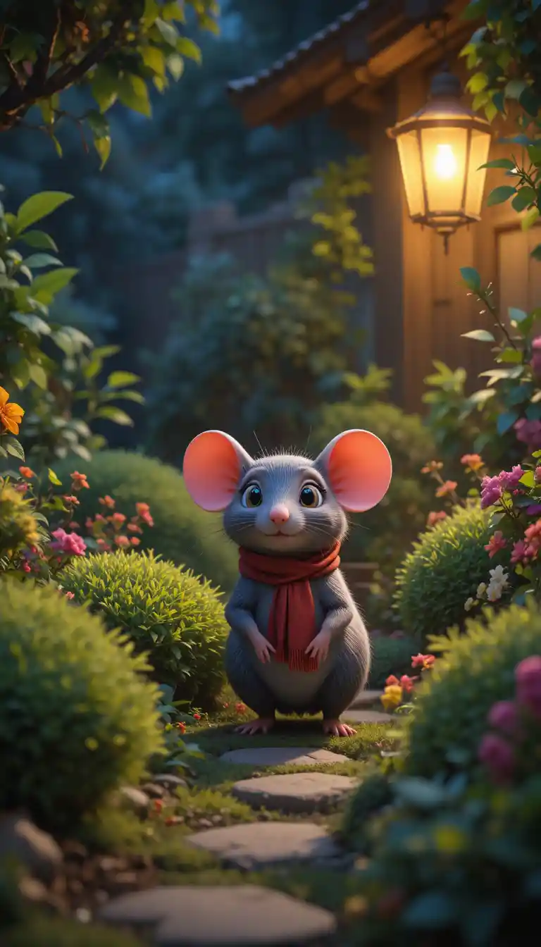 Cozy 3D cartoon rat in a night garden scene