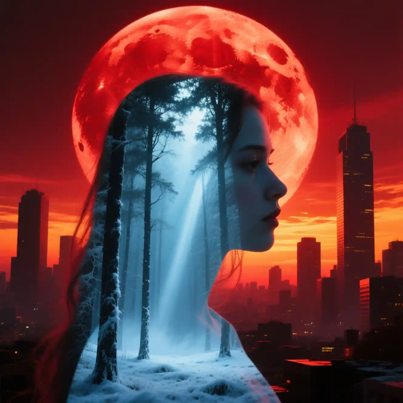 Ritratto di profilo in doppia esposizione con foresta e luna rossa