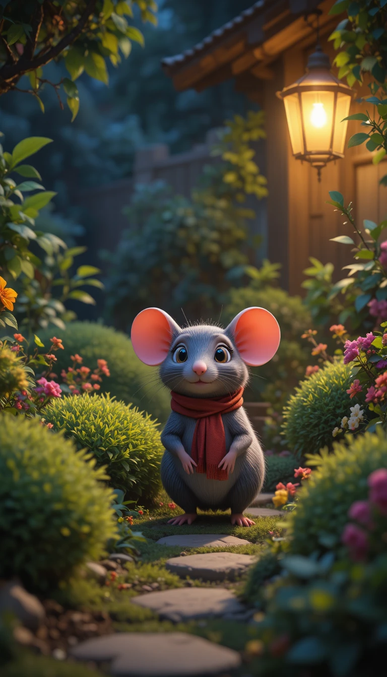 Rat 3D cartoon confortable dans une scène de jardin nocturne