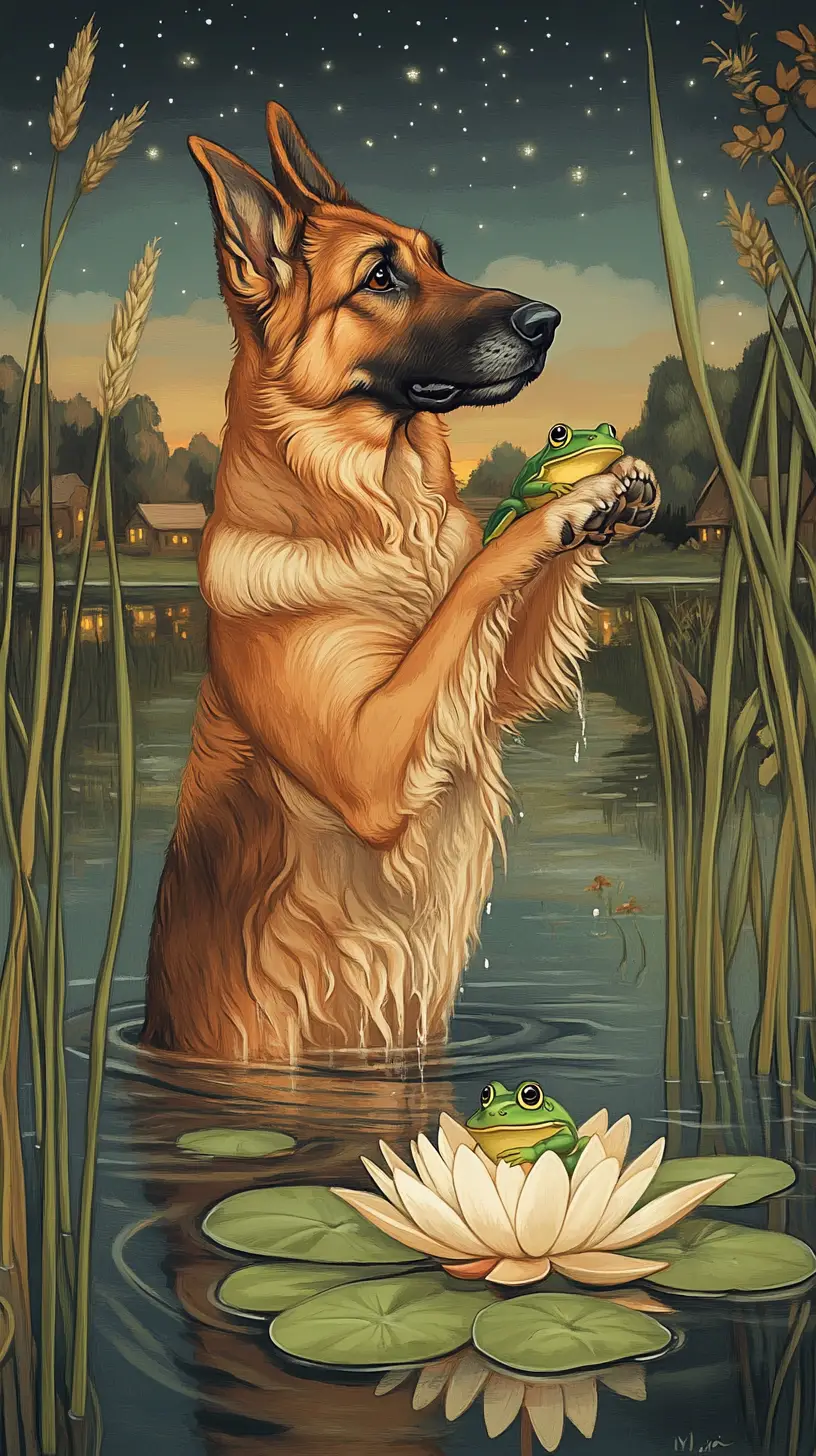 德國牧羊犬在睡蓮池上觸碰青蛙