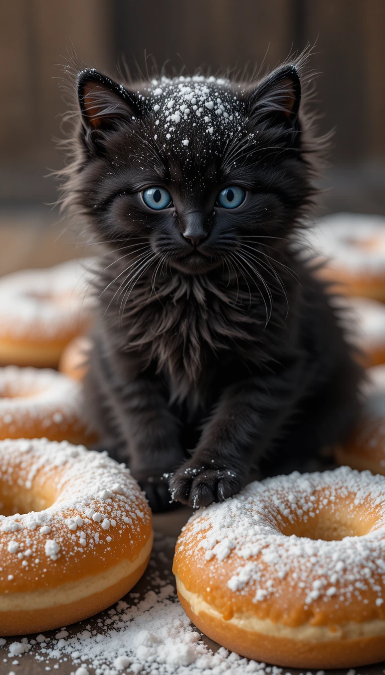 Adorable chaton noir assis sur des beignets au sucre glace