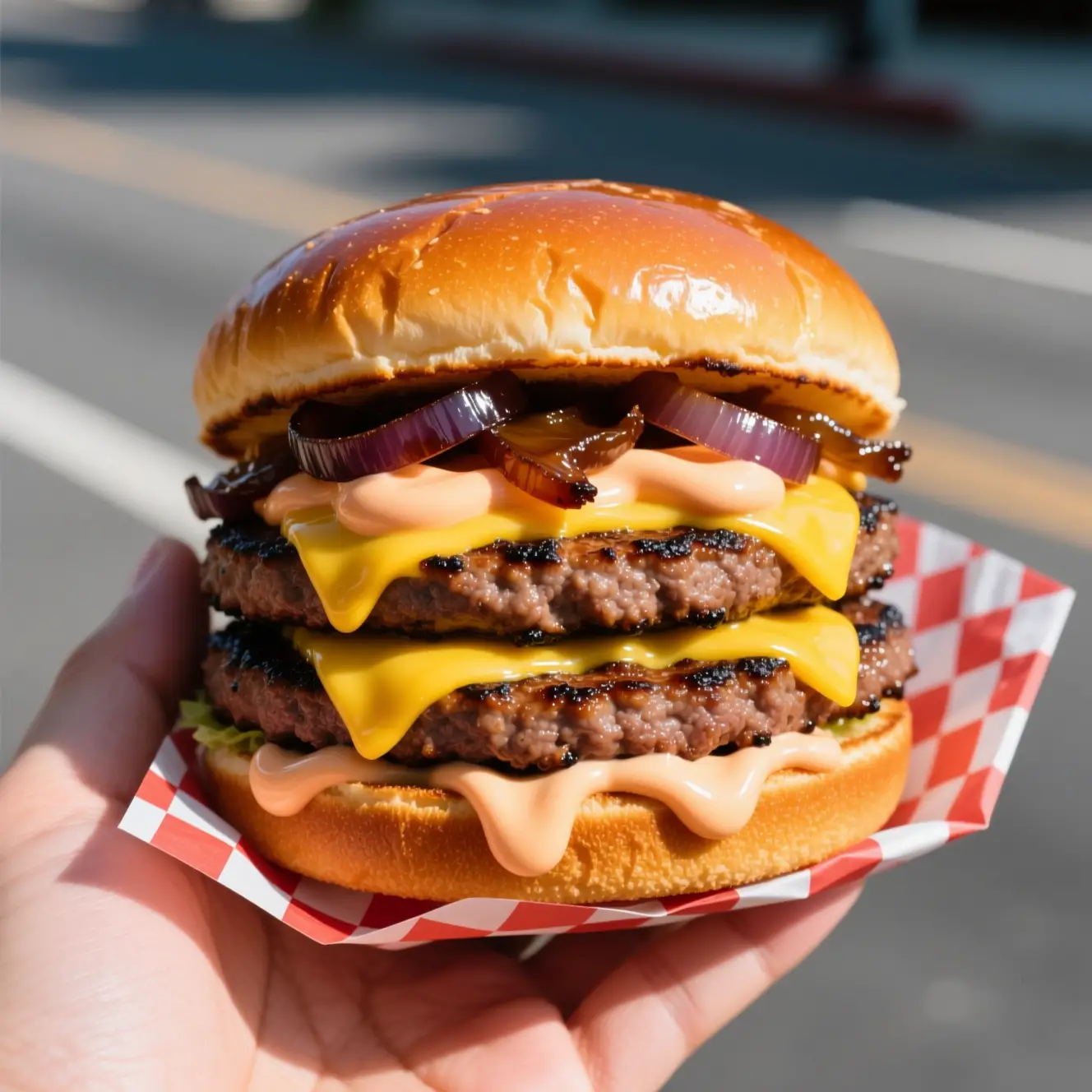 Nahaufnahme eines Gourmet-Doppel-Cheeseburgers in der Hand