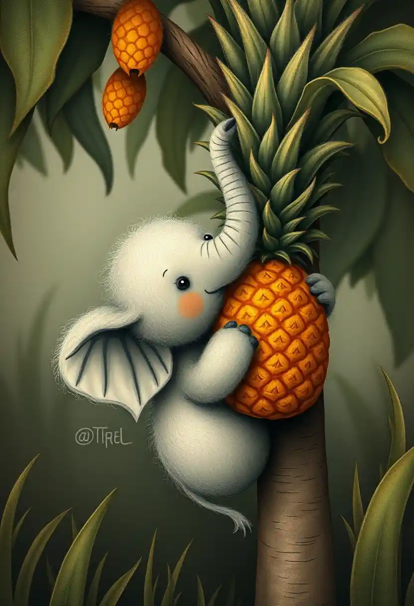 Cute little elephant reaching for pineapple on tree