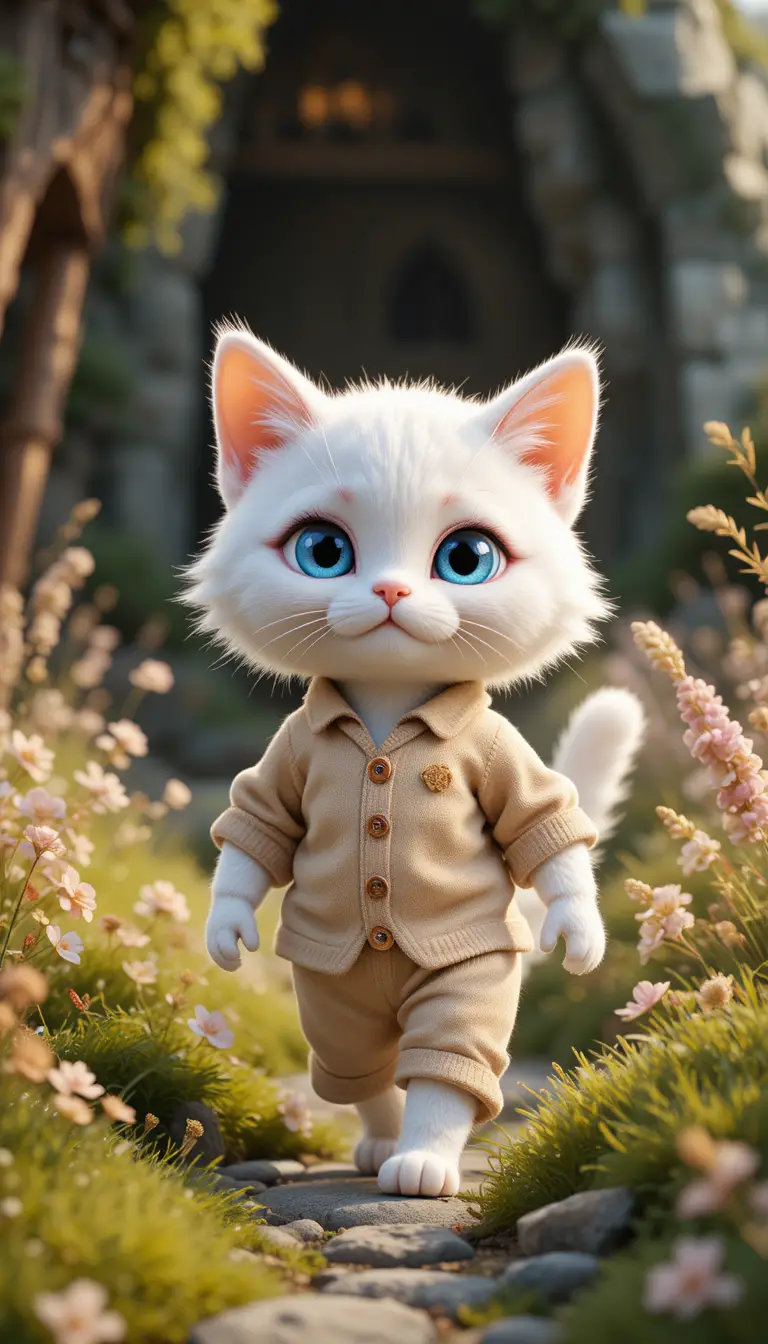 White cat in beige clothes on a sunny grassy hill