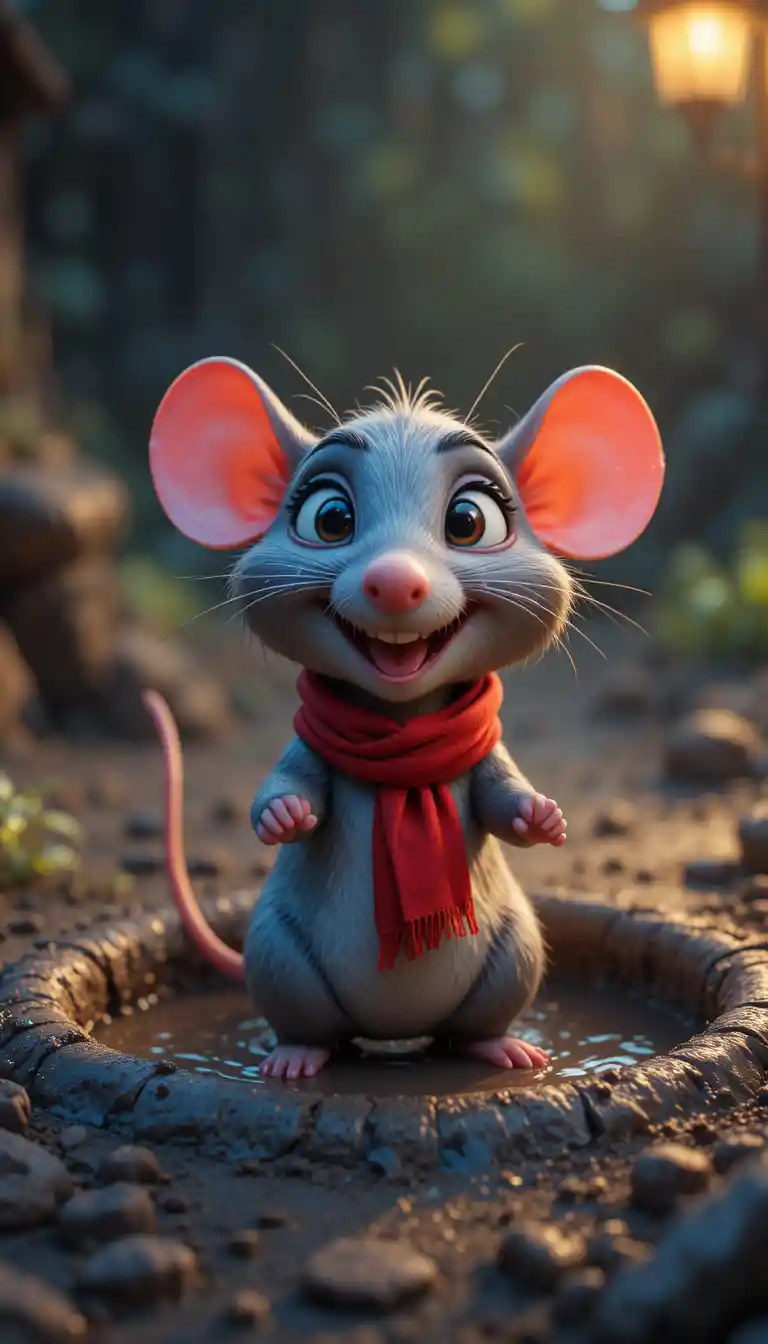 Cheerful 3D rat emerging from a muddy pit at night