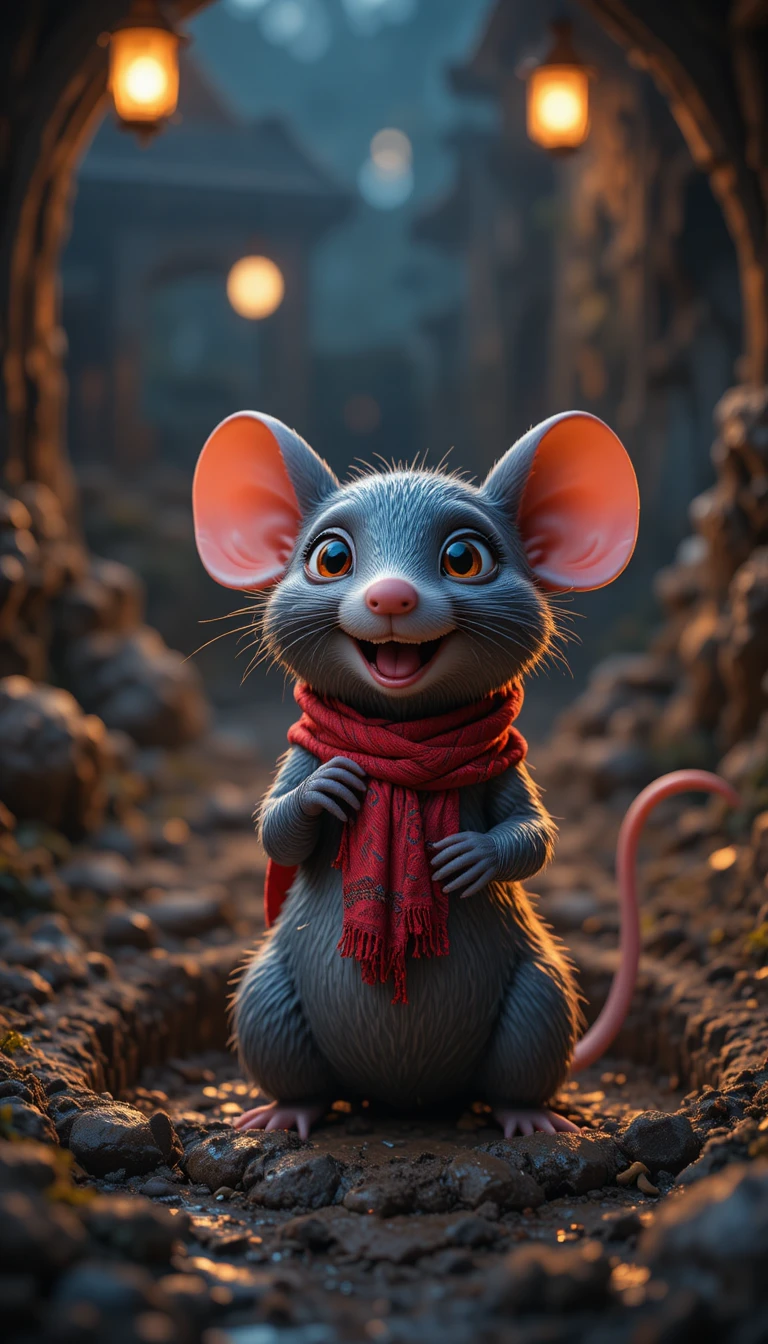Rata 3D alegre que emerge de un pozo fangoso por la noche
