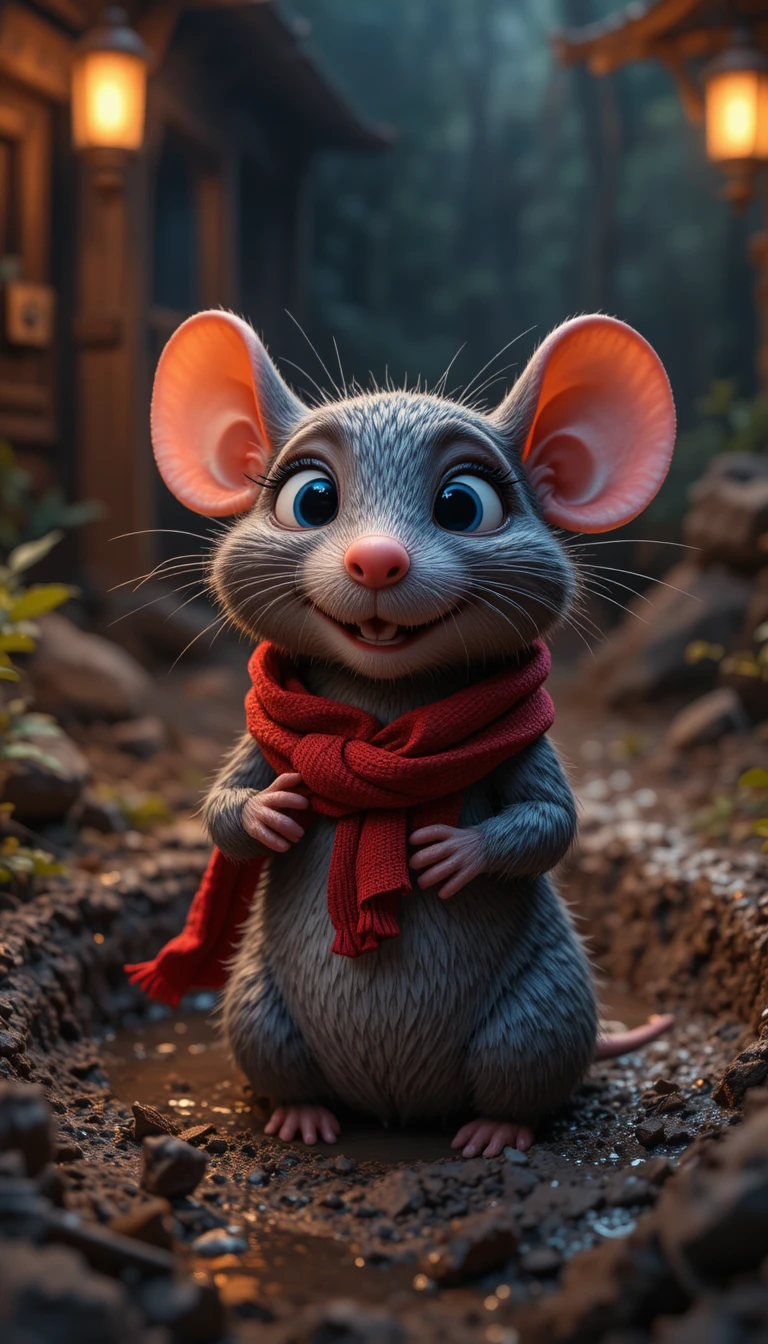 Rat 3D joyeux sortant d’une fosse boueuse la nuit