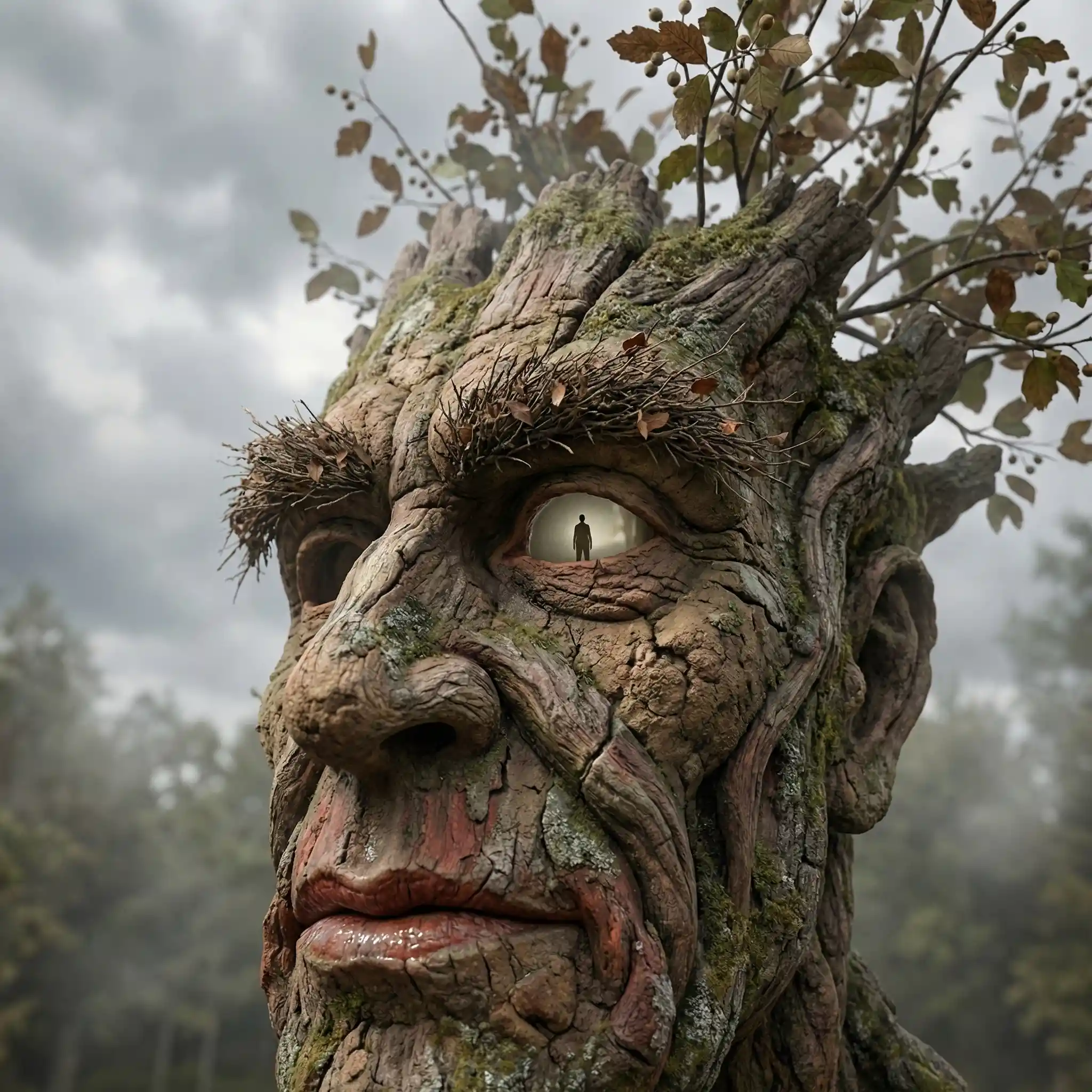 Surreal tree like human face with branches and cloudy sky