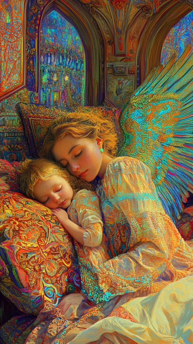 Anjo da guarda vigiando uma criança dormindo à noite