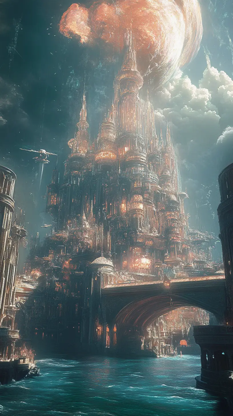 Ätherische Fantasy-Stadt mit aufsteigendem Seeungeheuer Leviathan