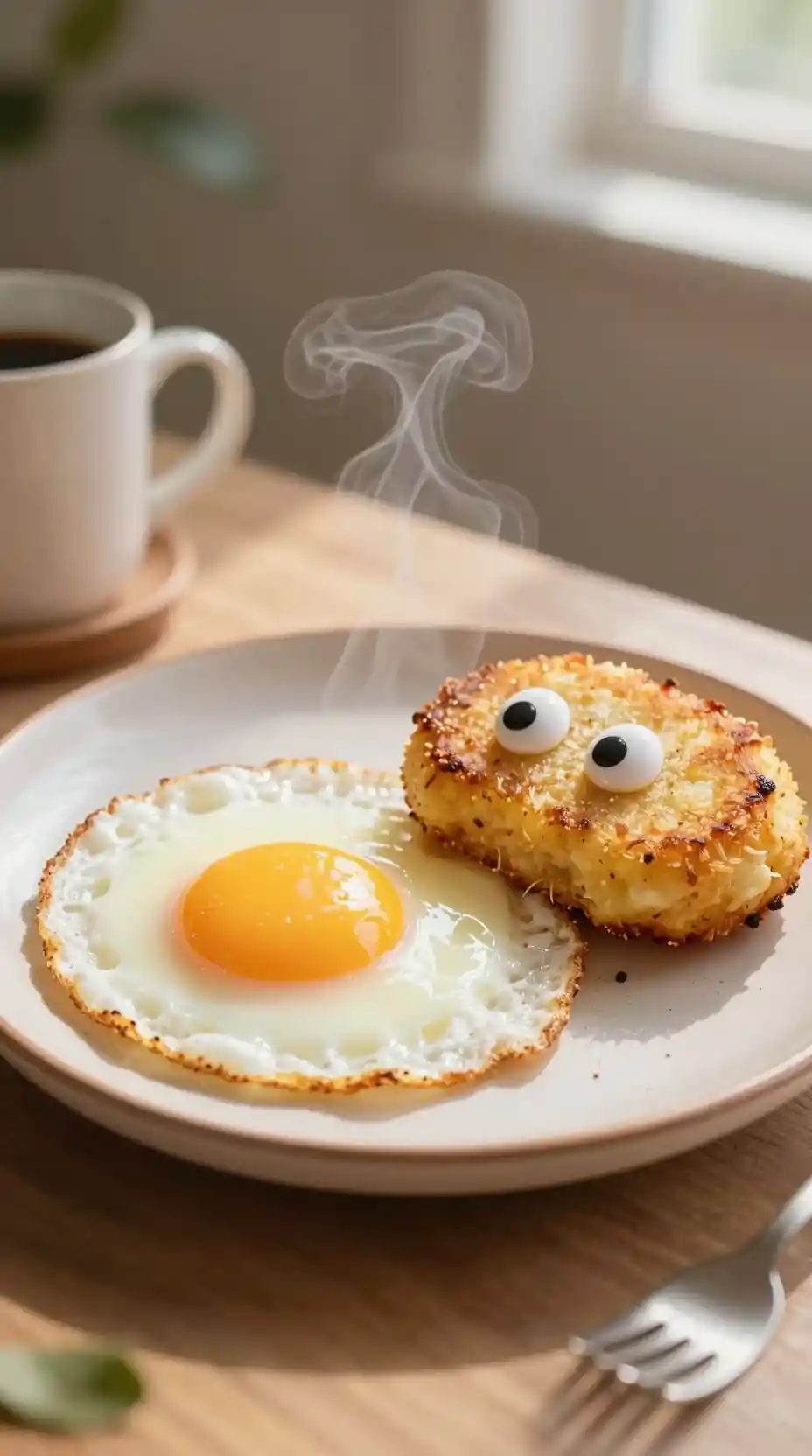 Sunny side up egg and hash brown on vintage plate