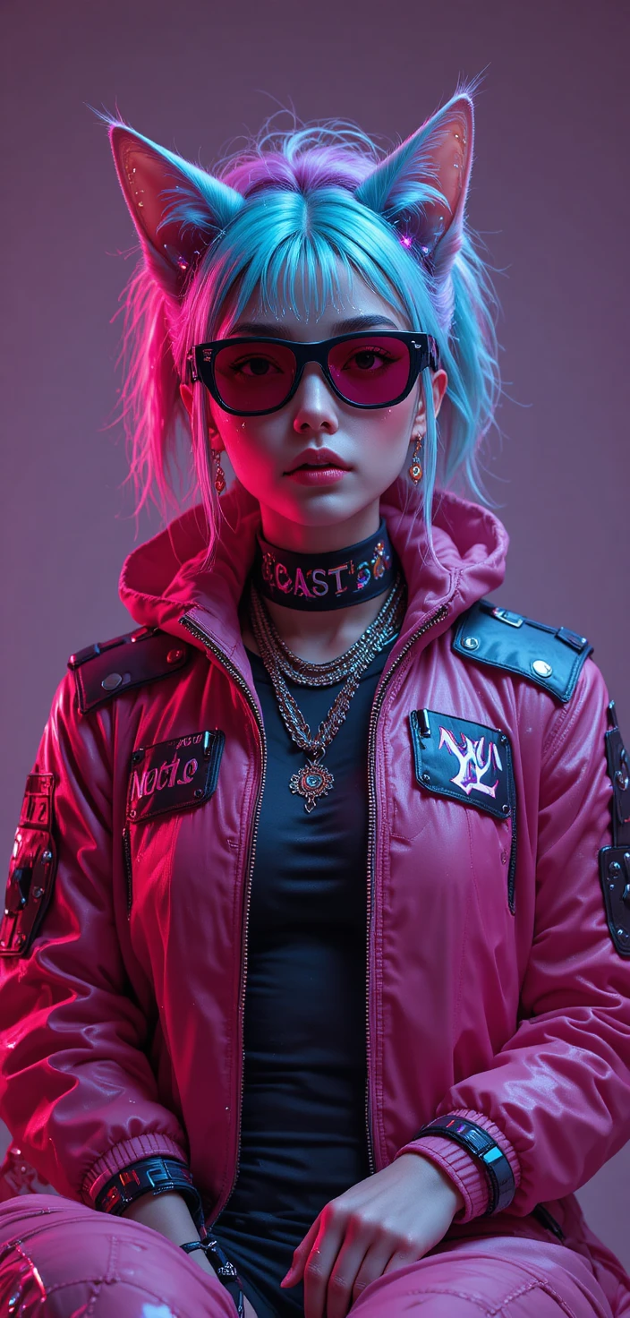Cyberpunk cartoon cats in a neutral studio portrait