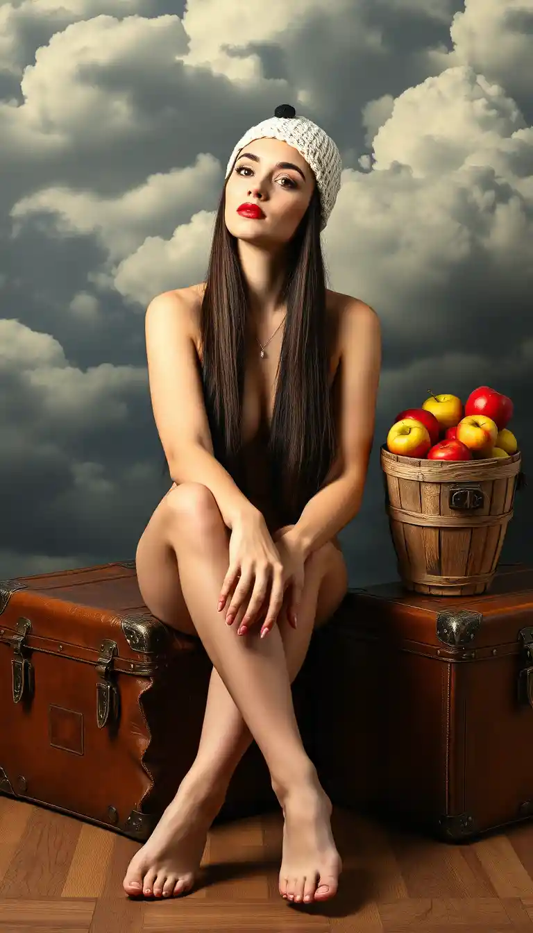 Pensive nude woman on vintage suitcases under dramatic sky