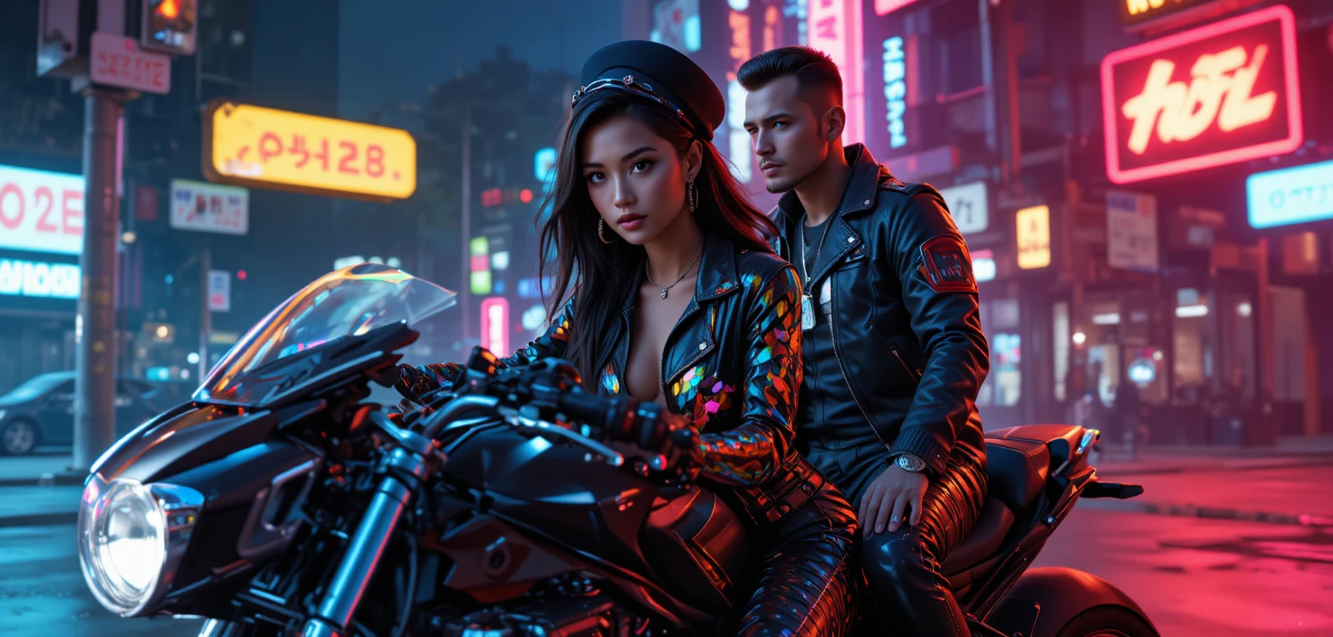 Mulher biônica hiper-realista pilotando uma moto cromada cyberpunk