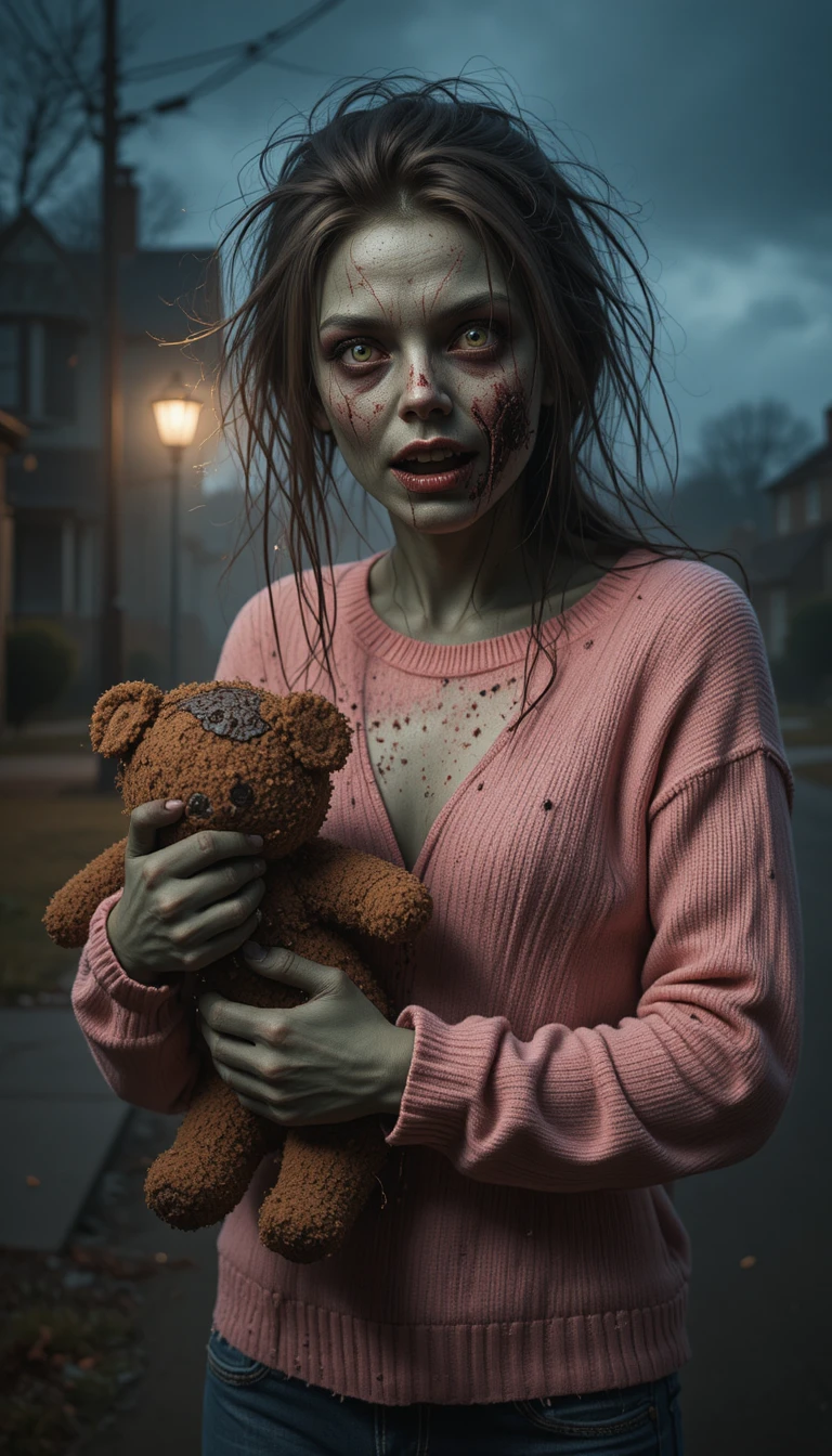 Ragazza zombie inquietante che stringe un orsacchiotto al crepuscolo