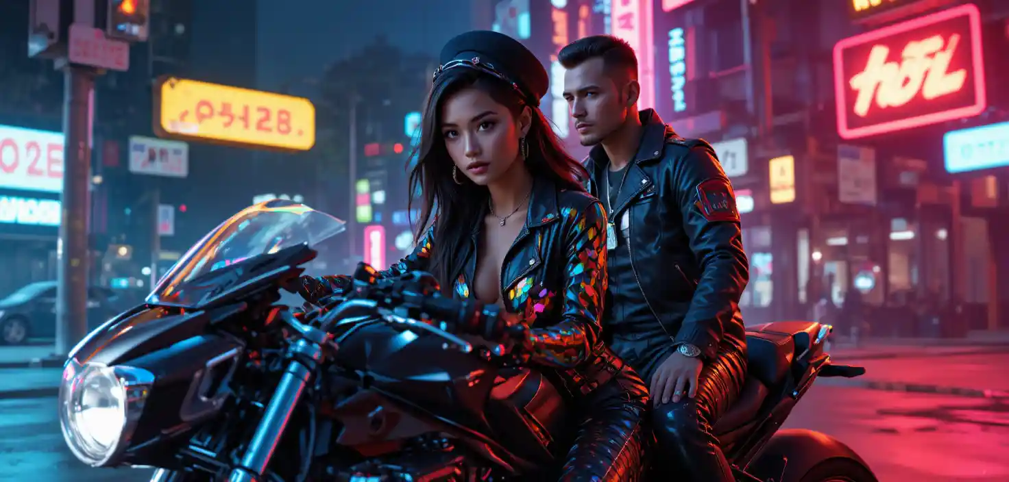 Femme bionique hyperréaliste chevauchant une moto cyberpunk chromée