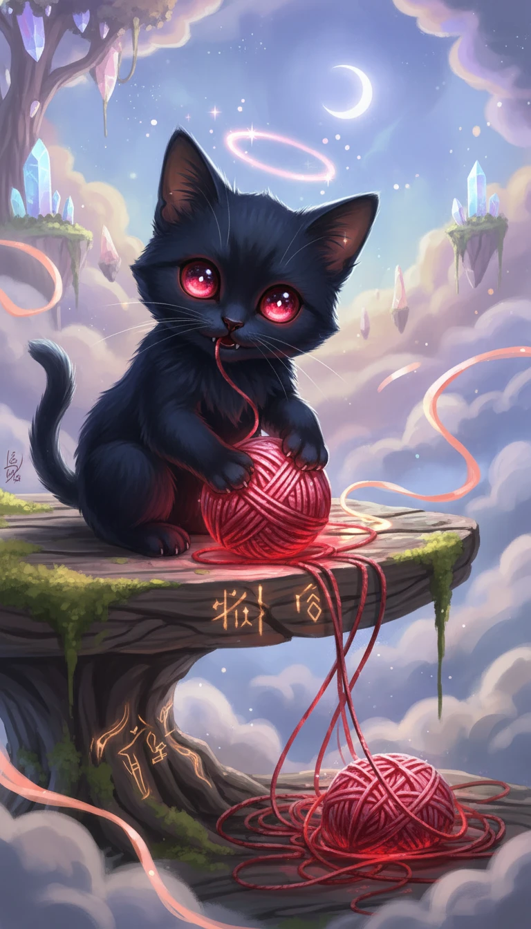 Chaton noir aux yeux rouges jouant avec une pelote de laine