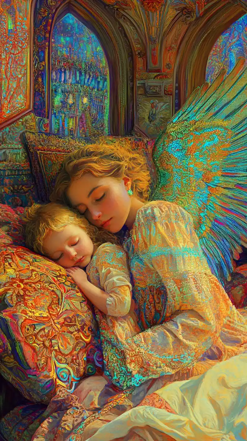 Ange gardien veillant sur un enfant endormi la nuit