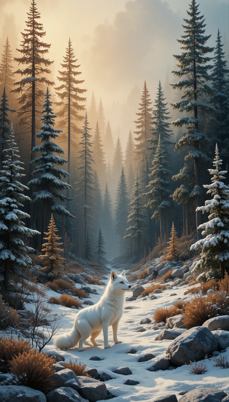 Traumhafter postimpressionistischer Wald mit einem einsamen Schneefuchs