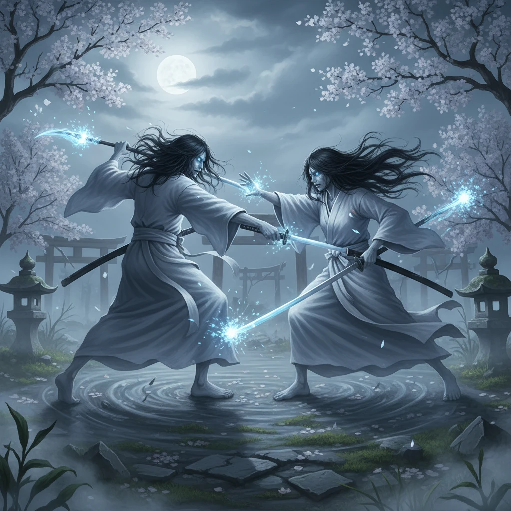Casal de fantasmas japoneses lutando com quimonos brancos combinando