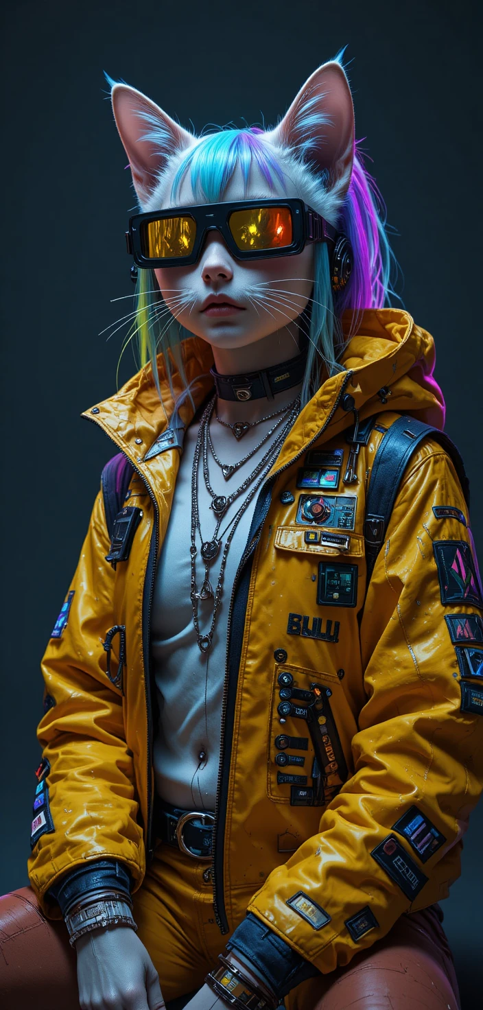 Cyberpunk-Katze in geschichteter Techwear mit Studio-Blitzlicht