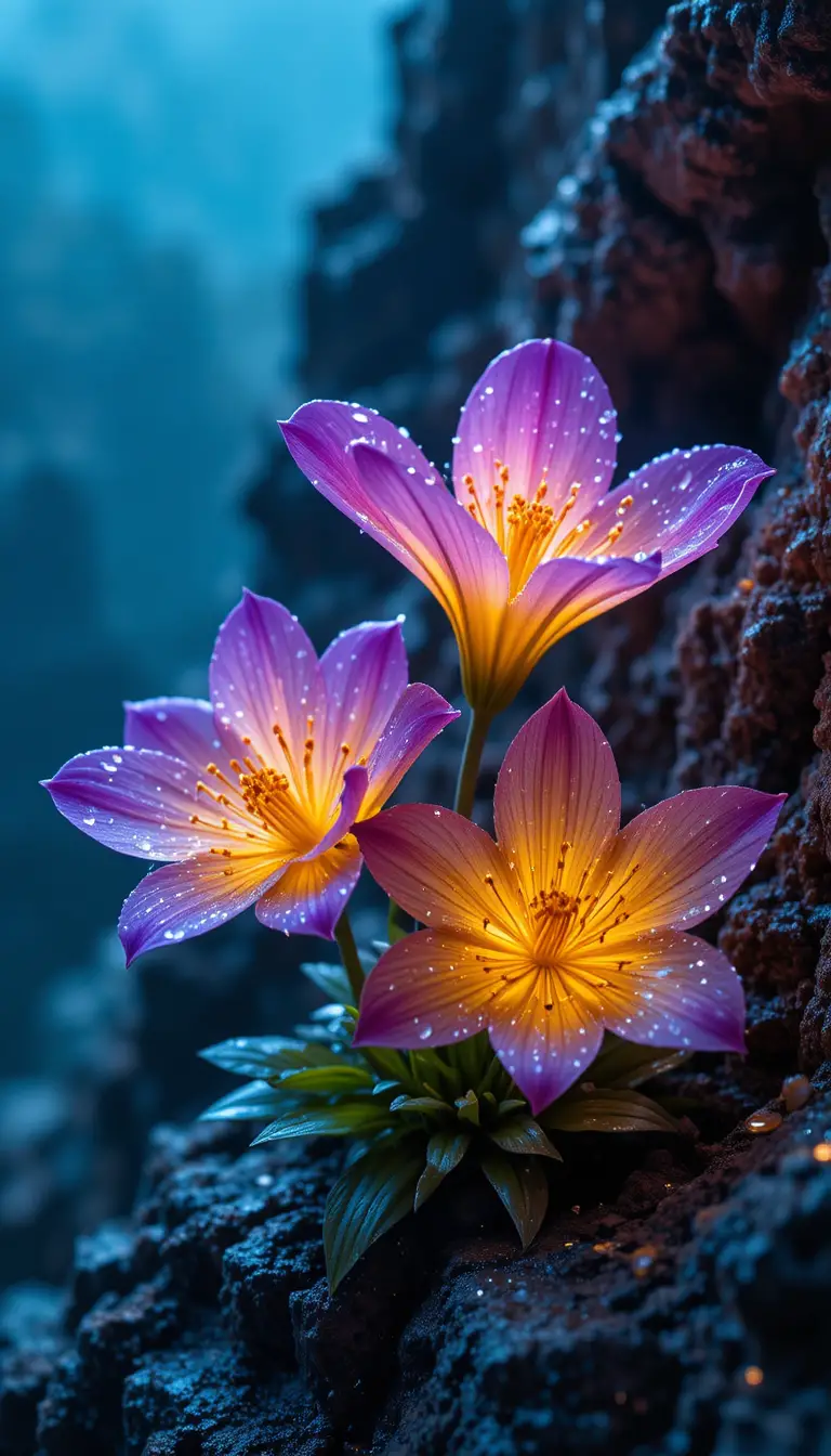 Deux fleurs néon brillant doucement sur une falaise rocheuse