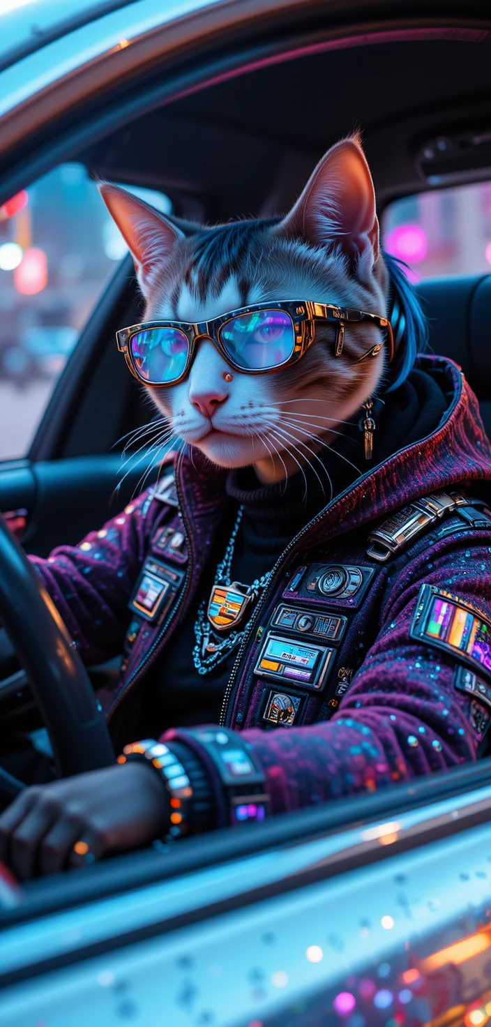 Chat cyberpunk conduisant une Cadillac bling-bling en studio