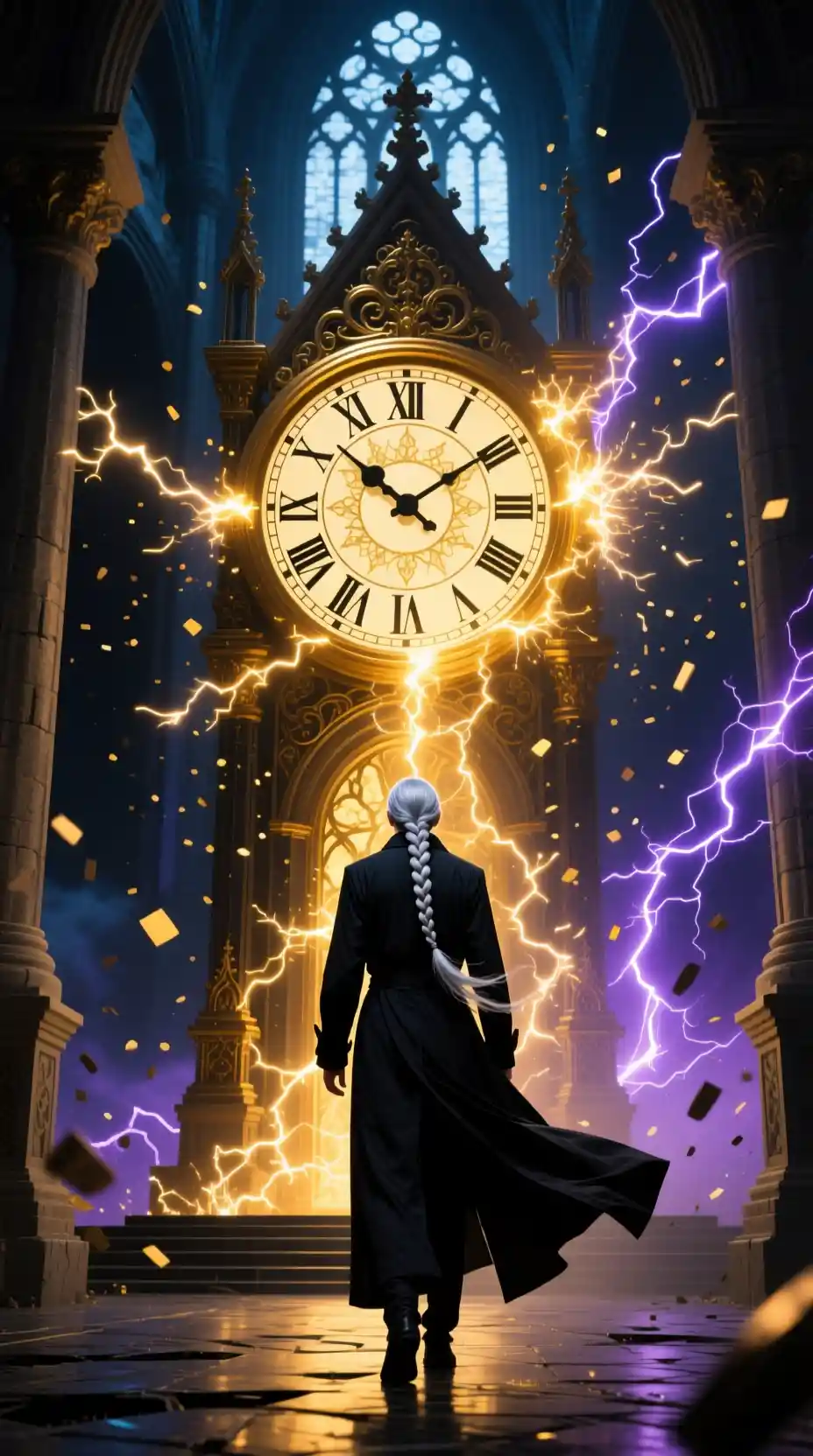 Un Homme Face à une Horloge Lumineuse dans une Grande Salle Gothique Fantastique