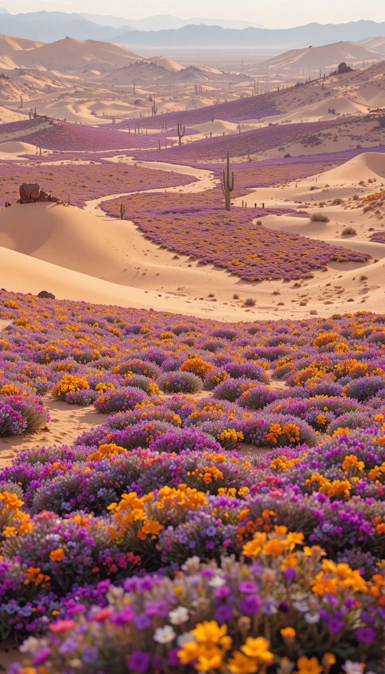 Desert Wildflower Super Bloom Across Rolling Sand Dunes