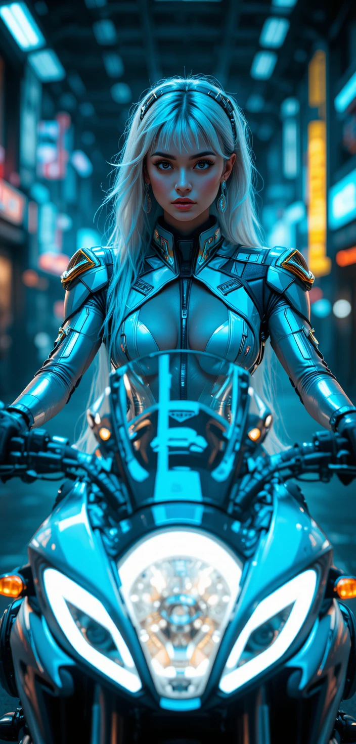 Mulher biônica cyberpunk pilotando uma moto futurista elegante