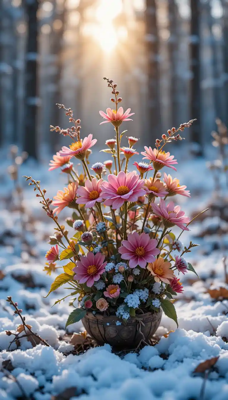 Forest wildflowers dusted with snow in warm evening light