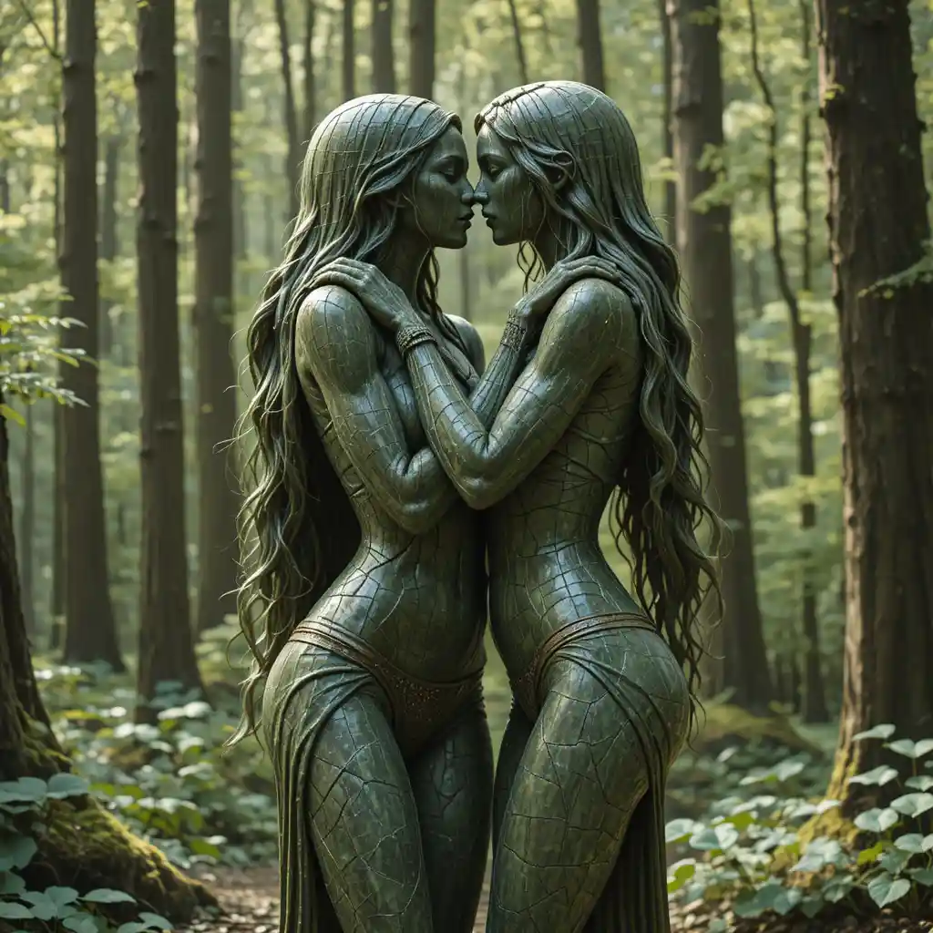 Four stone girls embracing closely in a forest clearing
