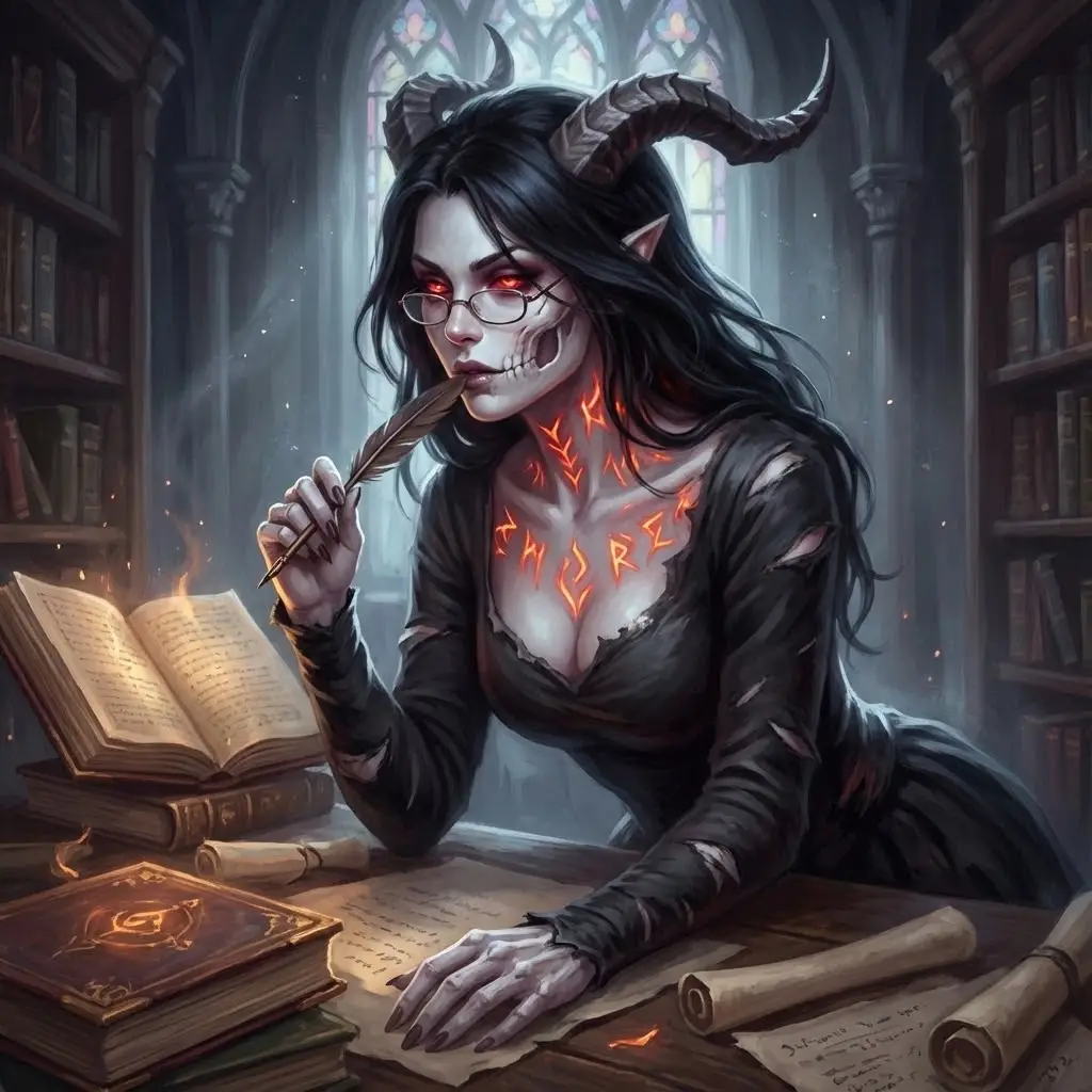 Bibliotecário demoníaco morto-vivo em uma biblioteca gótica sombria
