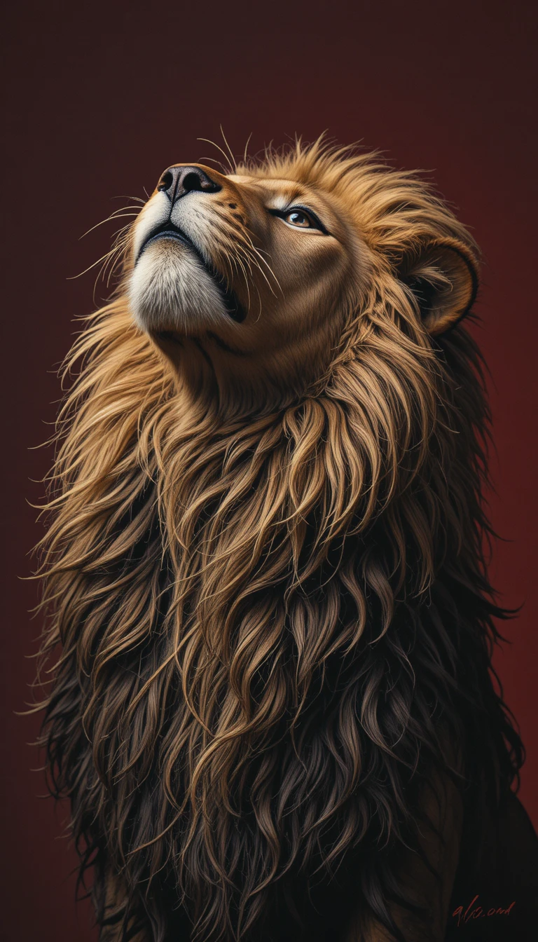 Lion Portrait Looking Upward On Dark Crimson Background