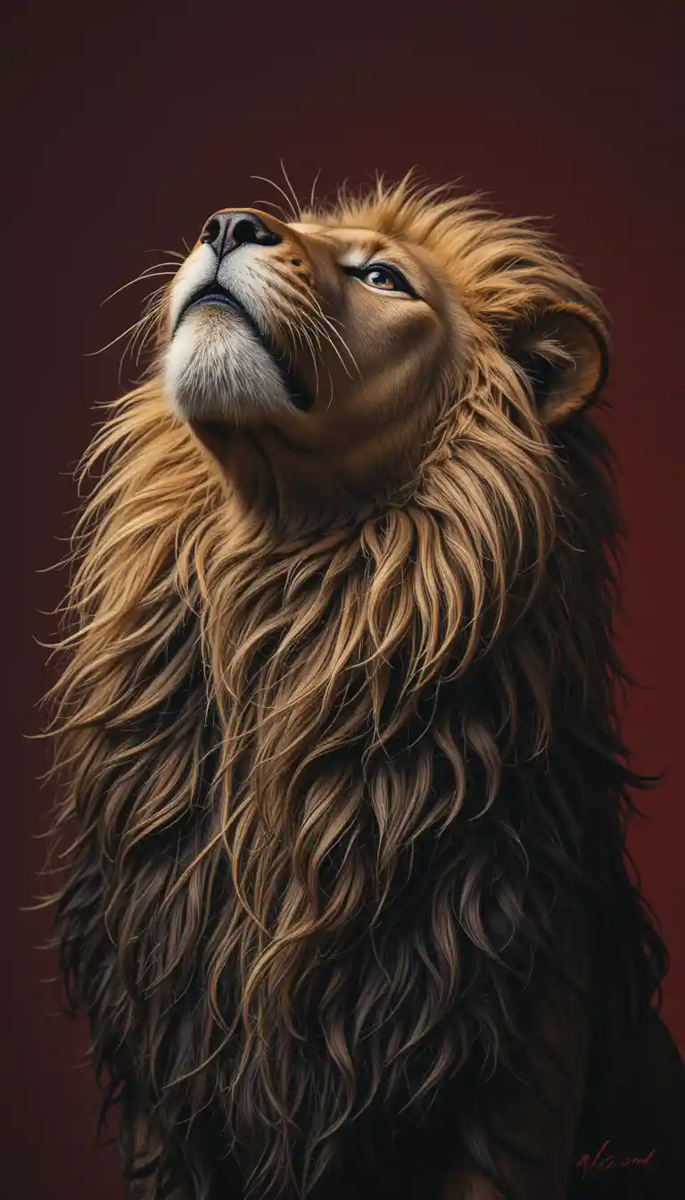 Lion Portrait Looking Upward On Dark Crimson Background