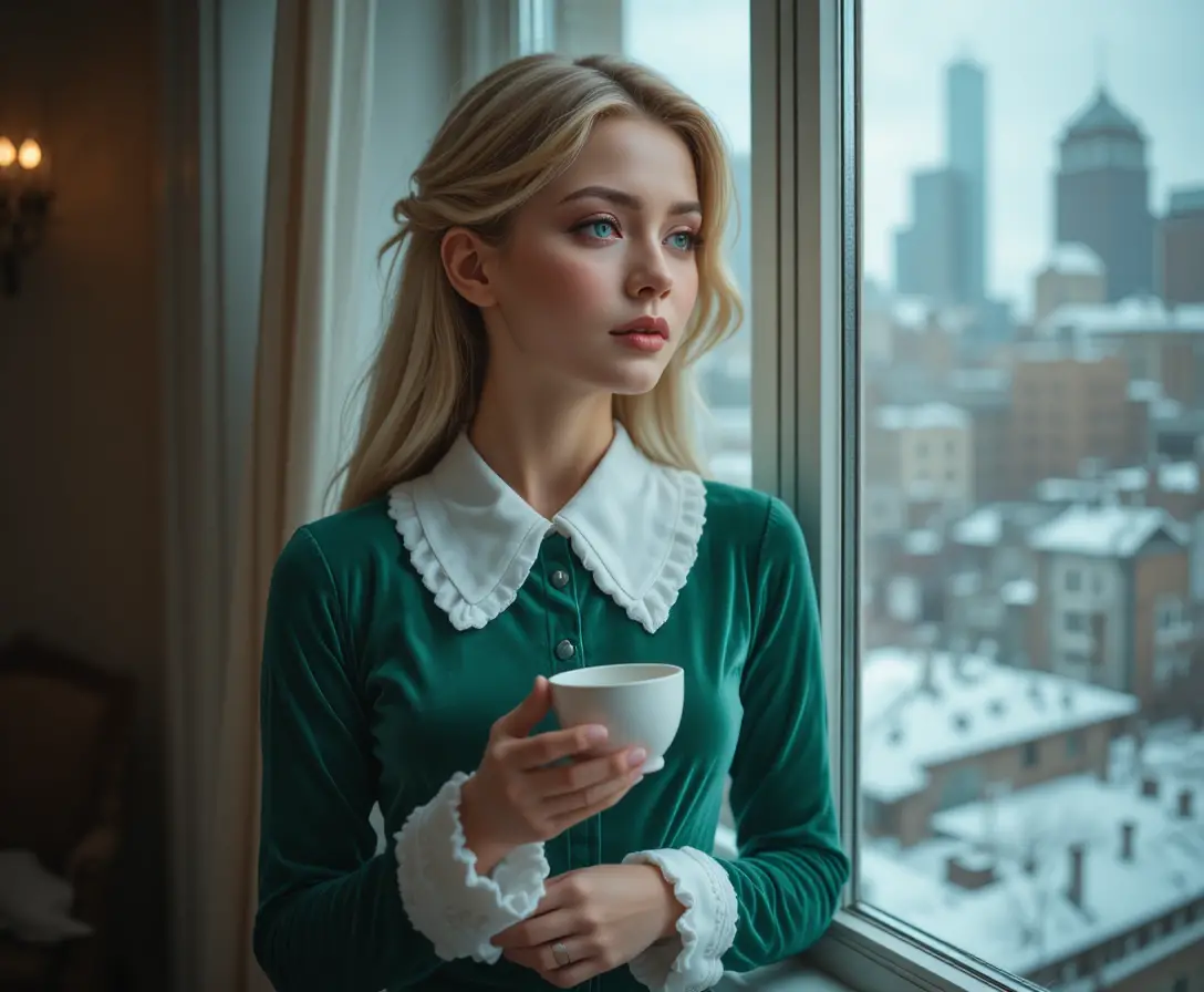 Donna bionda in abito verde che guarda silenziosa fuori dalla finestra
