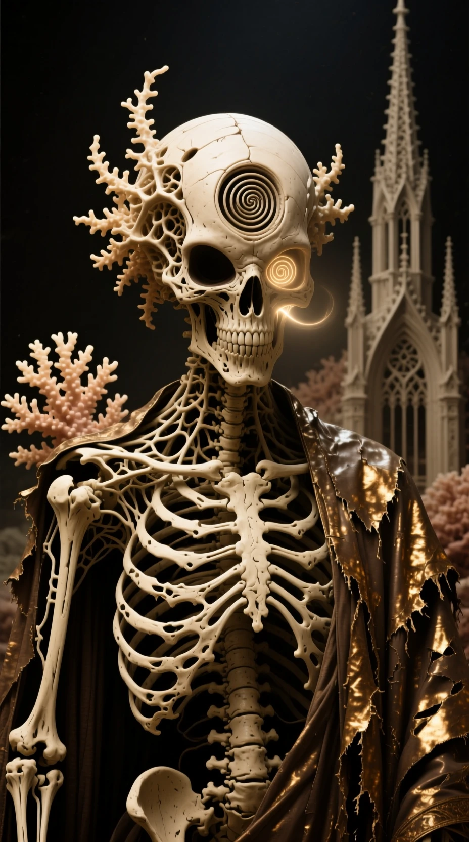 Portrait sépia d’un extraterrestre squelettique en robes métalliques en lambeaux