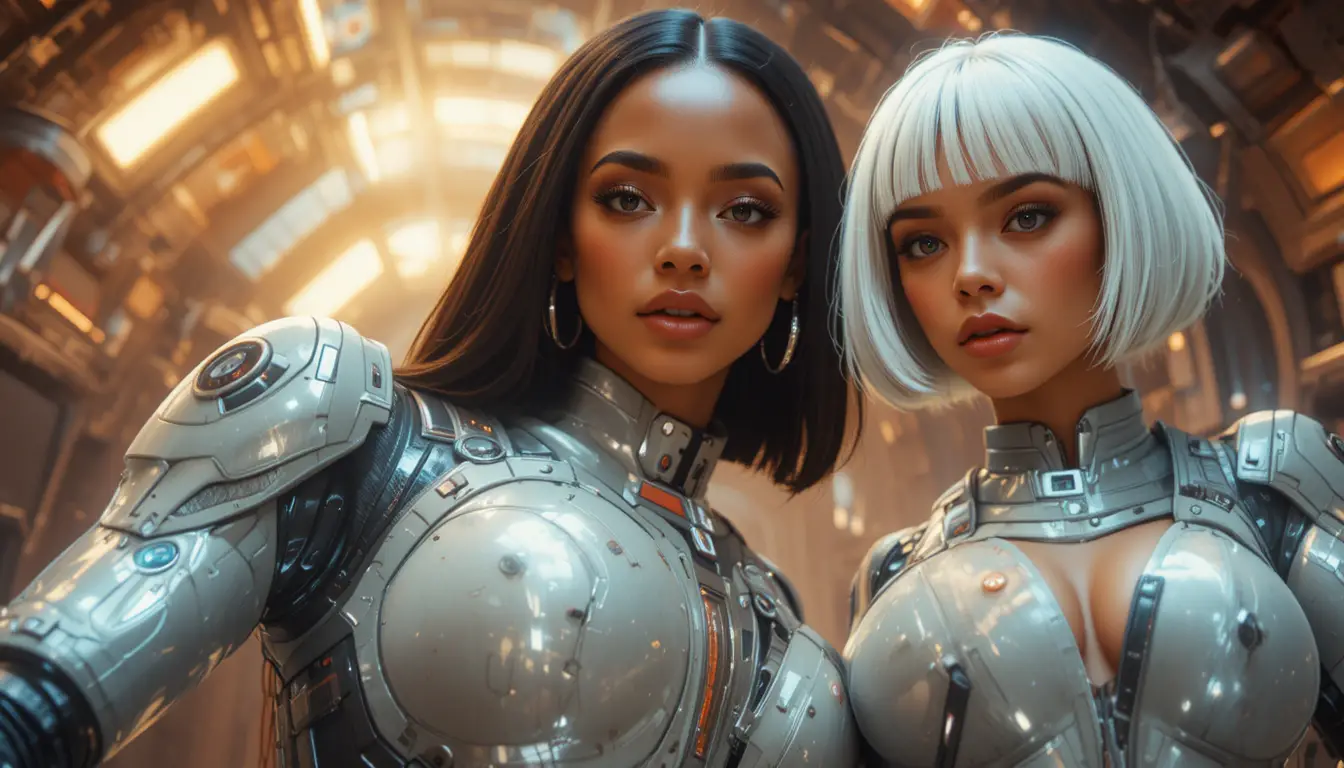 Due donne sci-fi in tute spaziali aderenti su un mondo alieno