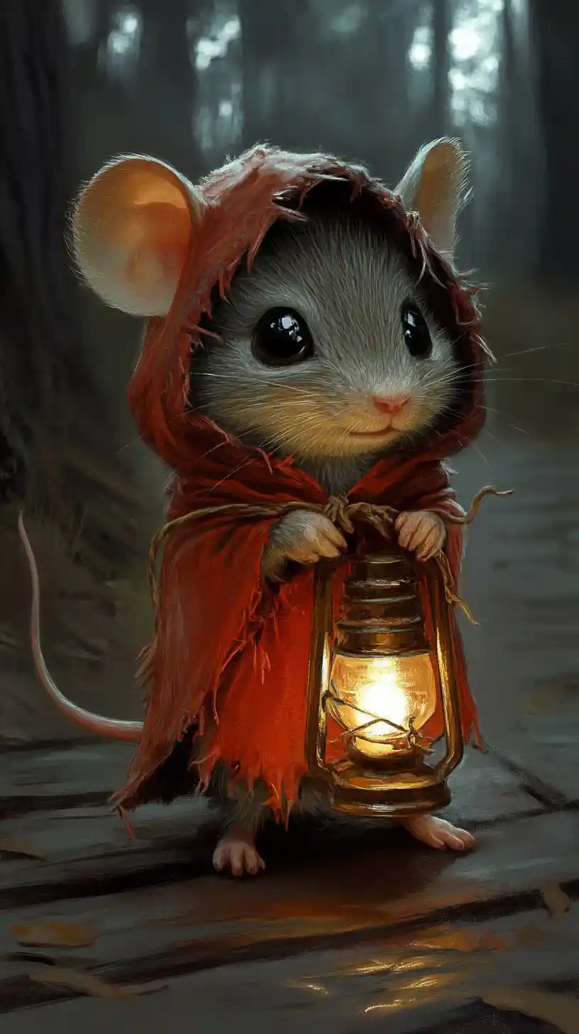 Petit souris en capuche rouge avec lanterne dans une forêt sombre