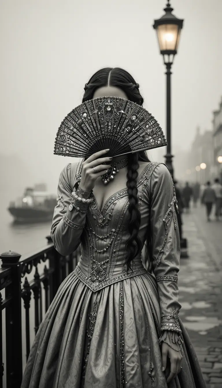 Victorian woman with fan by a foggy waterfront