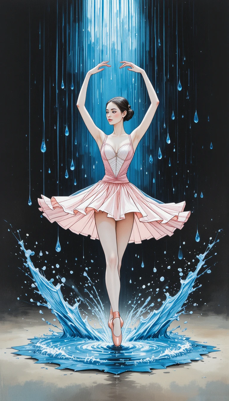 Ballerina di danza classica in abito rosa che salta sotto la pioggia blu