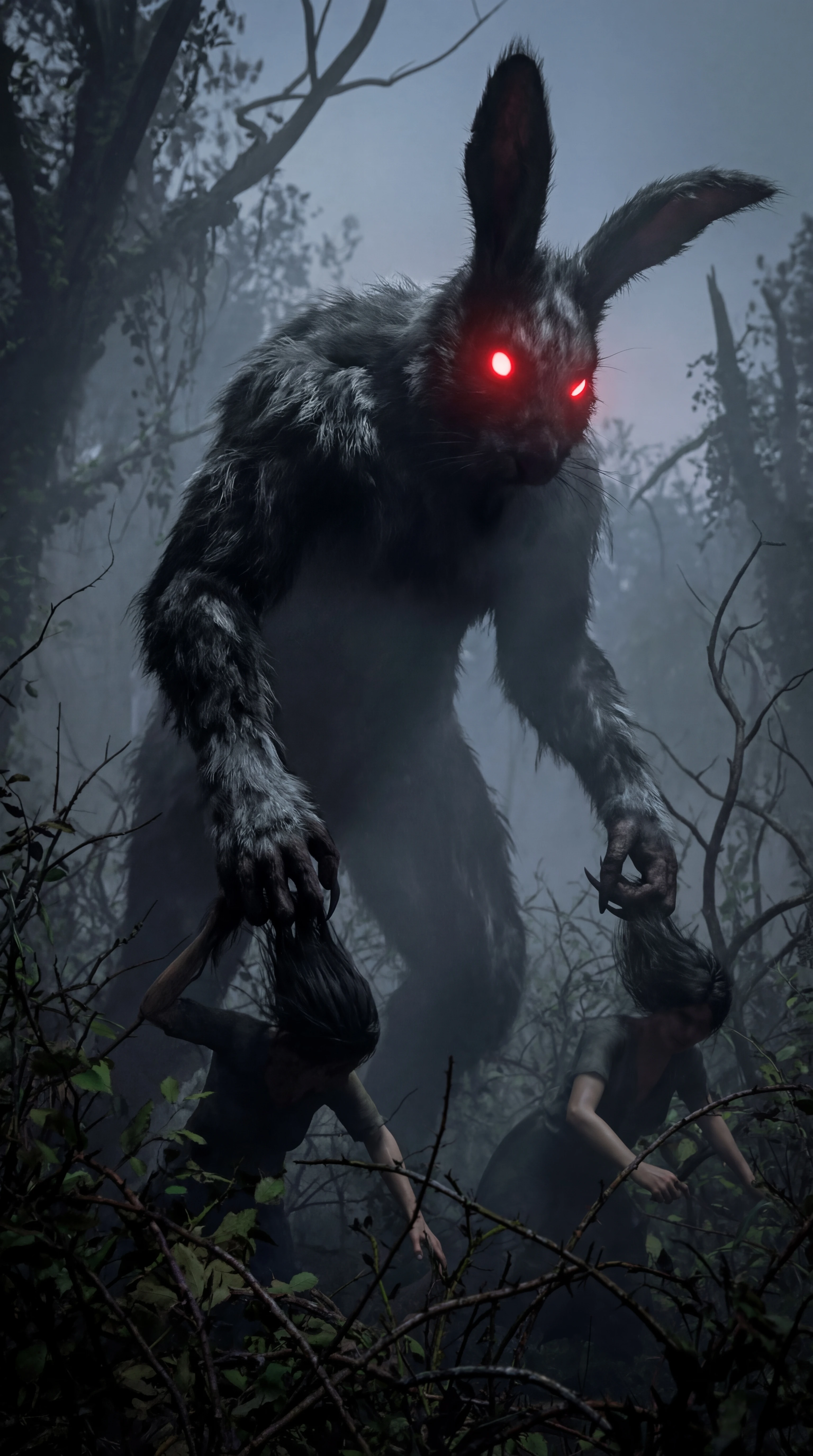 Coniglio gigante oscuro con occhi rossi luminosi nella foresta