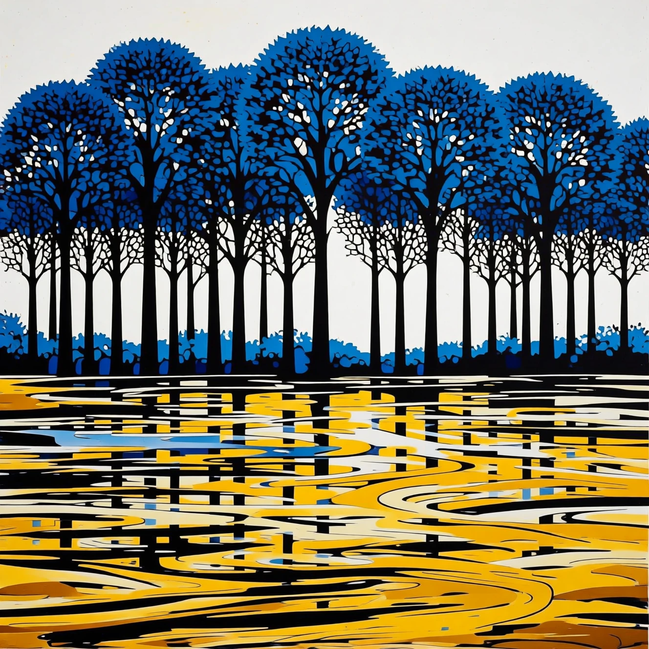 Árvores minimalistas refletidas em um lago dourado e tranquilo