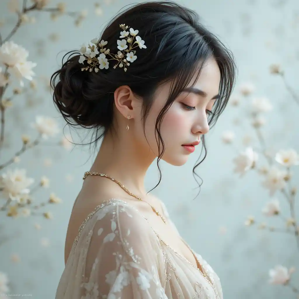 Young woman in profile with floral hair and soft light