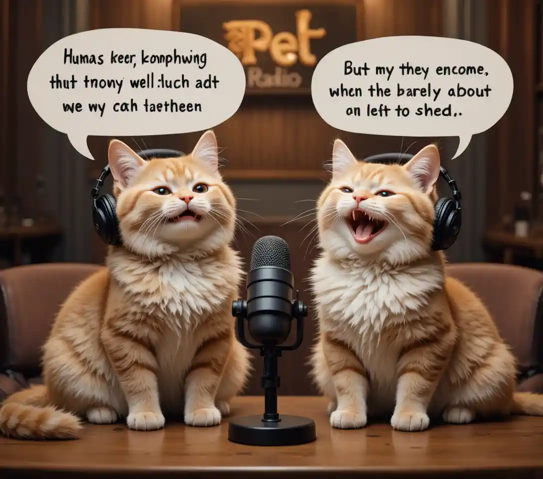 Two cats hosting a cozy late night radio show